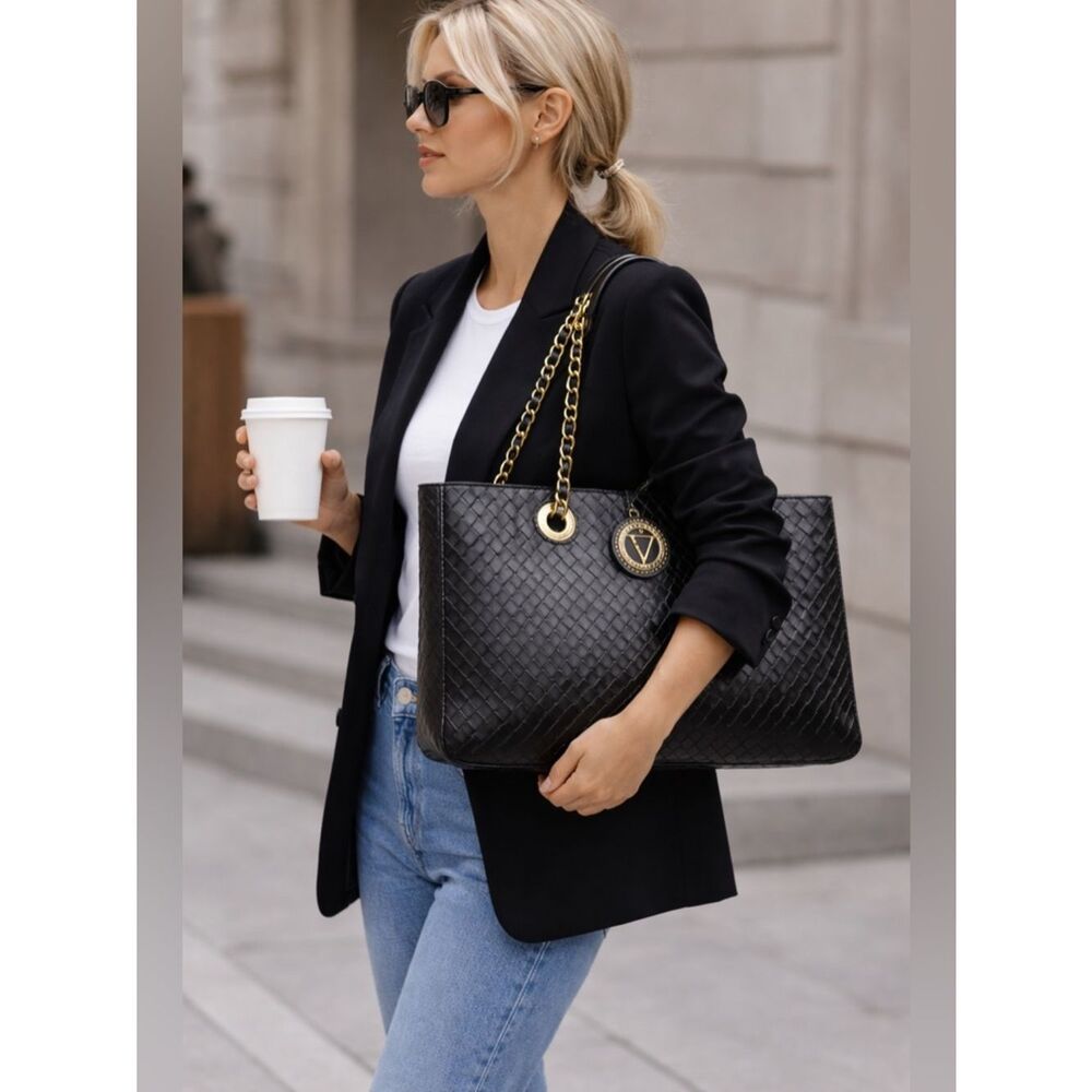 Woven Black Tote Bag Chain Strap Minimalist Luxe Work Travel Large Carryall